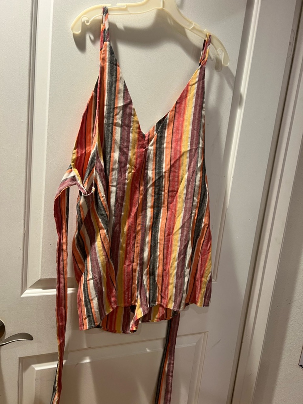 SHEIN Striped V-Neck Tie-Detail Camisole in Coral, Yellow & Brown